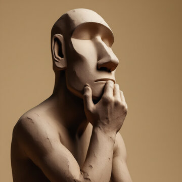A unique clay sculpture featuring The Thinker and Easter Island Moai, set against a neutral beige background with ample copy space for design projects.