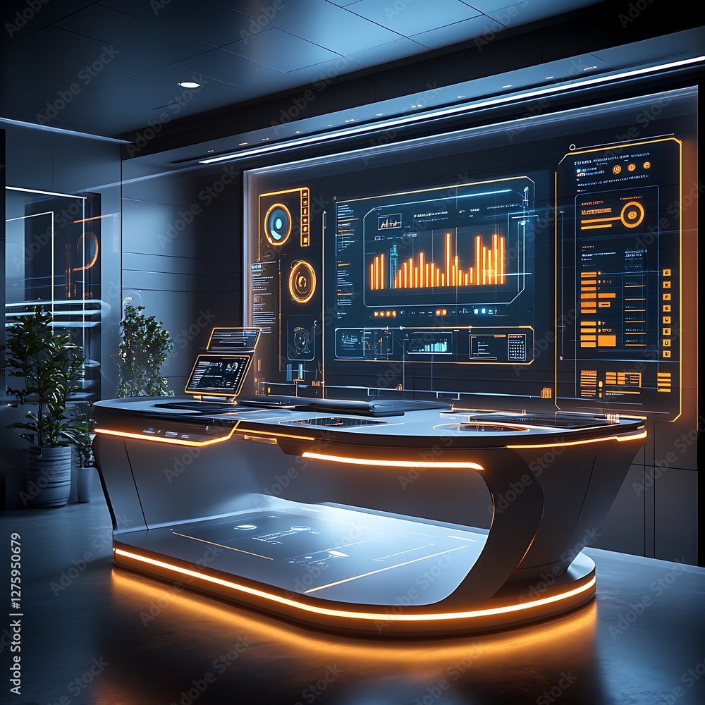 Aufkleber futuristic workspace with advanced technology and data displays.