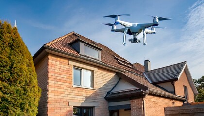 ドローンが家の屋根上空でホバリングし、点検している