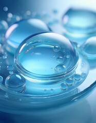 丸い形の物体に気泡が浮かぶ。ライトブルーの色合い