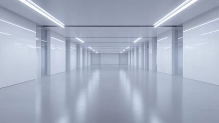 Obraz premium Art gallery empty interior, 3d room with white walls, floor and illumination lamps. Museum passages with lights for pictures presentation, photography contest exhibition hall, Realistic vector mock up