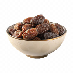 abstract 3d Royal dry dates lie in big bowl isolated on white background