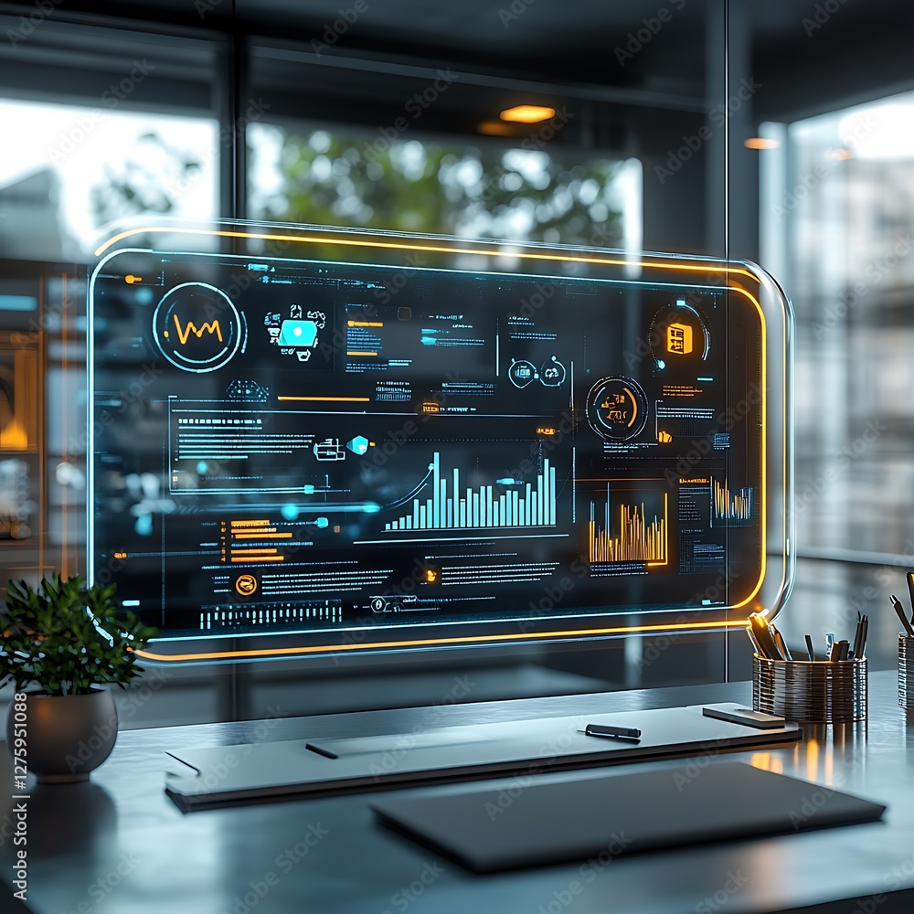 Poster Futuristic workspace with a glowing digital dashboard and data visualization.