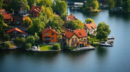 Obraz premium Stockholm Archipelago View, Charming Waterfront Houses and Historic Buildings.