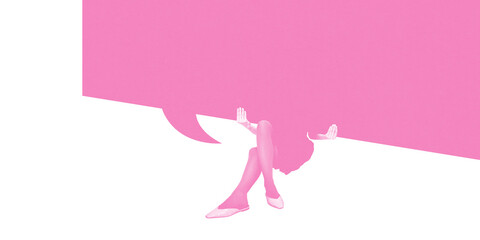 Figure struggles under weight of massive speech bubble, illustrating pressure of words, burden of conversation, dominance in communication. Concept of communication. Abstract art. Copy space
