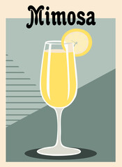 Mimosa Cocktail retro poster. Popular alcohol drink. Vintage flat vector illustrations for bar, pub, restaurant, kitchen wall art print.