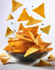 空中に舞っている白い背景の上で三角形のナチョスチップ