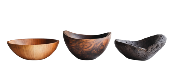 Earthenware Harmony: Three handcrafted bowls, each with a unique design and texture, arranged in a visually pleasing composition to showcase the beauty of natural materials.