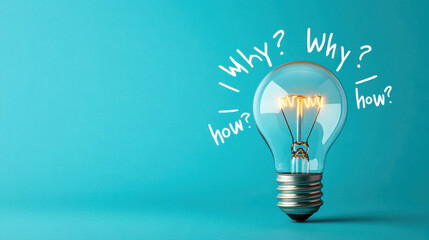 Illuminating Inquiry, Lightbulb Radiating on a Teal Background Surrounded by Questions of Why and How