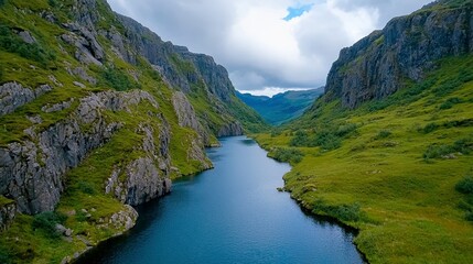 Aerial view of klifuragil canyons showcasing rugged terrain and a body of water in a dramatic landscape