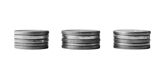 Stacks of Coins: Three stacks of silver coins arranged, representing wealth, finance, and savings. Capturing a sense of financial prosperity and economic stability.