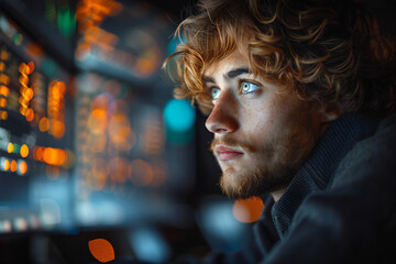 Creative Coding Concept Featuring Young IT Engineer Decoding Data on Multiple Screens with Expression and Concentration