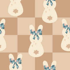 Groovy bunny seamless pattern. Retro Easter bunny pattern. Easter digital paper. Hand drawn vector pattern in flat style