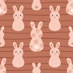 Groovy bunny seamless pattern. Retro Easter bunny pattern. Easter digital paper. Hand drawn vector pattern in flat style