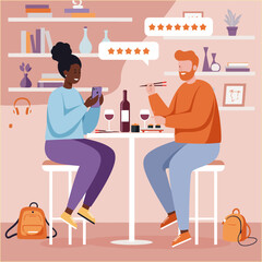Couple Dining Sushi with Positive Online Reviews and Wine at Restaurant