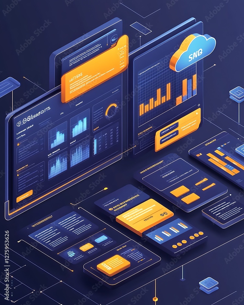 Poster Digital dashboard with colorful data visualizations and analytics tools in a modern interface.