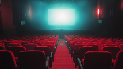 Movie theater hall with seat rows for audience and cinema projector. Vector cartoon illustration of empty auditorium interior with modern red chairs and light from projector