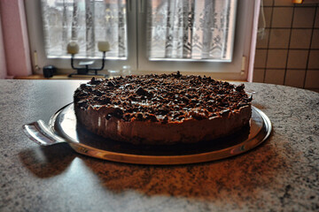 Chocolate cake on a plate in a kitchen