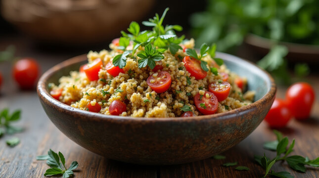 Traditional Arabic tabbouleh salad in a bowl on a wooden rustic table