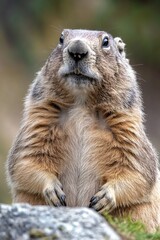 A groundhog standing upright on a rocky outcropping, with a grassy background