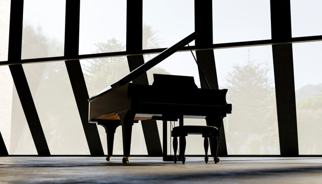 Elegant grand piano in empty room with large windows