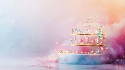 Obraz premium Pastel pink and blue background with a gold and jewel encrusted tiered display. Sparkling particles surround the display, creating a magical, dreamy atmosphere.