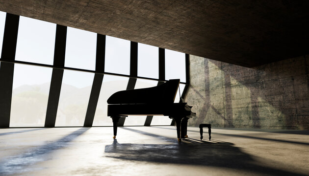 Naklejki Grand piano in sunlit empty interior with large windows
