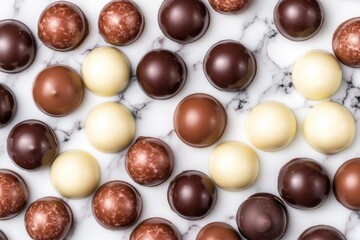 A beautifully set marble table filled with an abundance of chocolates, perfect for displaying at parties or events