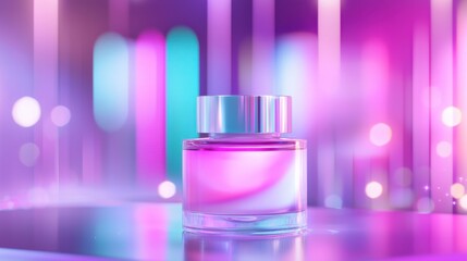 Pink perfume bottle on reflective surface, vibrant purple and teal bokeh background. Product shot with glowing lights, modern and stylish.