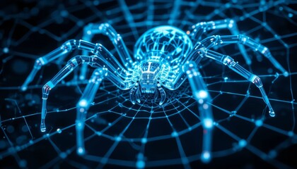 Neon glowing spider on a futuristic digital web
