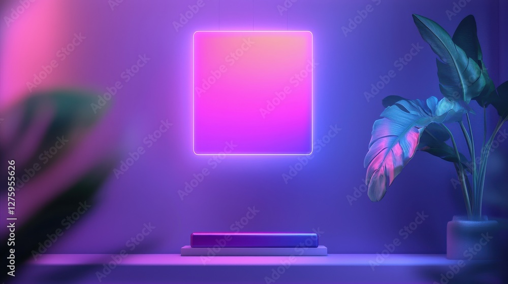 Poster pink and purple neon light illuminates a minimalist scene with a rectangular display platform and tr