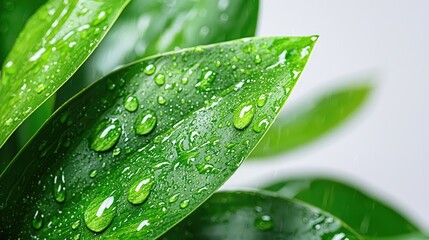 Fototapeta premium Dewy green leaves, close-up; nature background, eco concept