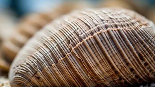 Detailed view of a textured seashell with parallel ridges and natural colors