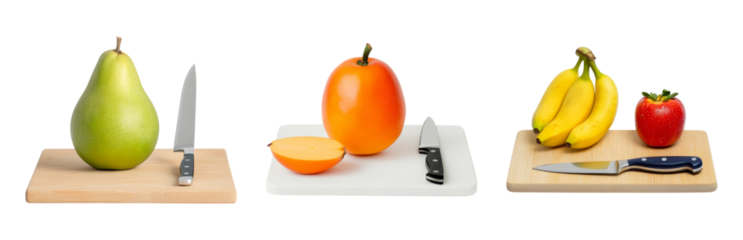 Fresh Fruits on Cutting Boards with Kitchen Knives Isolated on transparent background