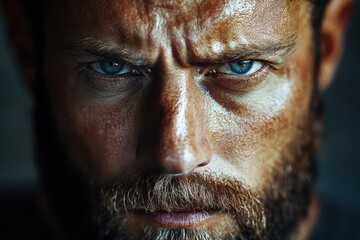 Fototapeta premium Close-up of a man's intense gaze, showing his beard and blue eyes. Perfect for illustrating determination, strength, or masculinity in projects.