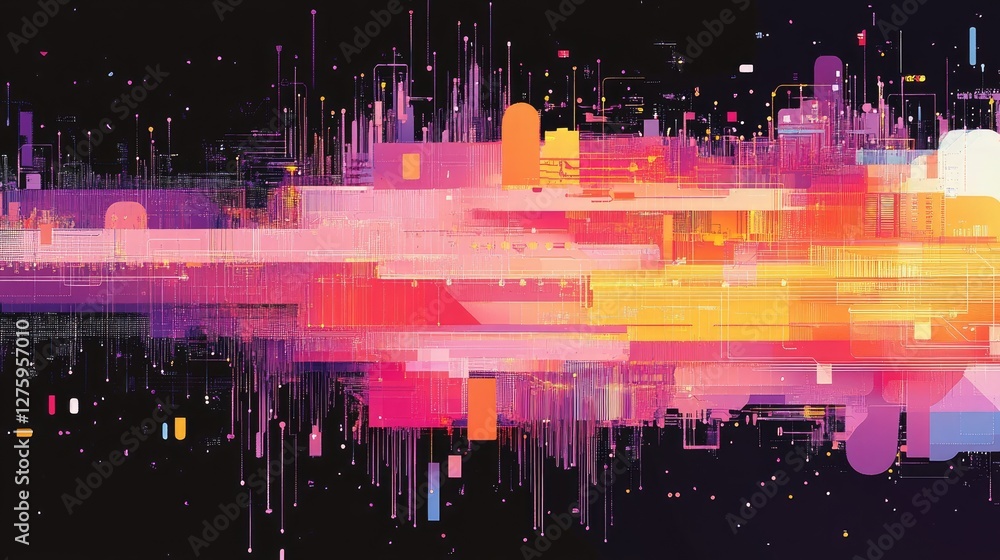 Poster a creative abstract bar chart made of layers of digital circuits, symbolizing data analysis and ai.