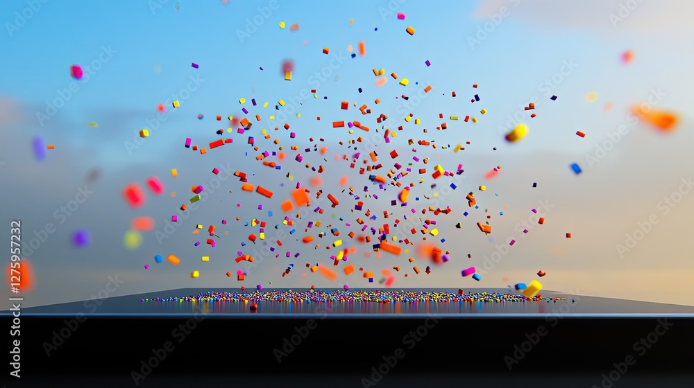 Poster a creative scatter plot with tiny d dots levitating above a sleek black platform.