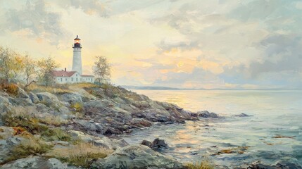Fototapeta premium Serene Sunset at the Coastal Lighthouse