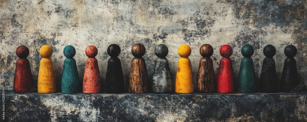 Aufkleber a row of wooden figures in various colors sits on a surface, showcasing a range of shapes and sizes.