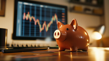 Piggy Bank on Desk with Stock Market Graph in Background Representing Financial Savings, Investment, and Economic Trends.