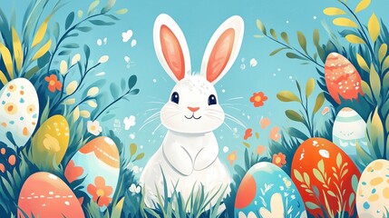 Colorful spring landscape featuring a cheerful rabbit among decorated Easter eggs