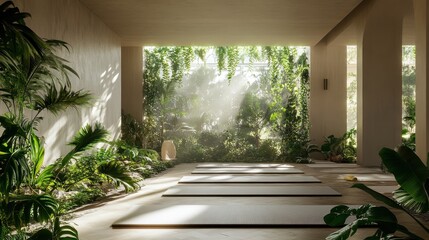 Serene indoor yoga studio with lush greenery. Perfect for wellness, mindfulness, and relaxation concepts.