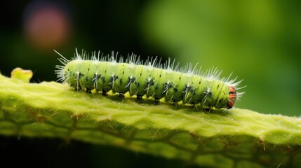 Fototapeta premium Delicate caterpillar climbing a verdant stem in a serene natural setting