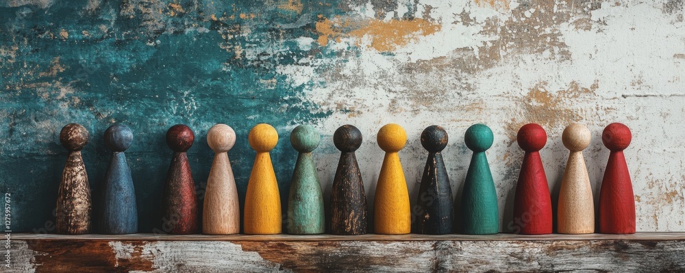 Aufkleber a row of wooden figures in various colors sits on a surface, showcasing a range of shapes and sizes.