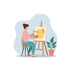 Woman Painting Abstract Art on Easel in Studio with Potted Plant