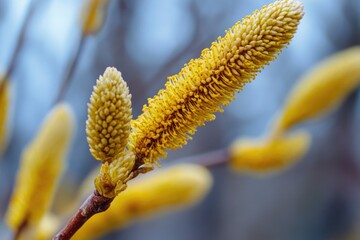 Naklejka premium A close-up shot of a bright yellow flower growing on a tree branch, ideal for use in spring-themed designs or illustrations