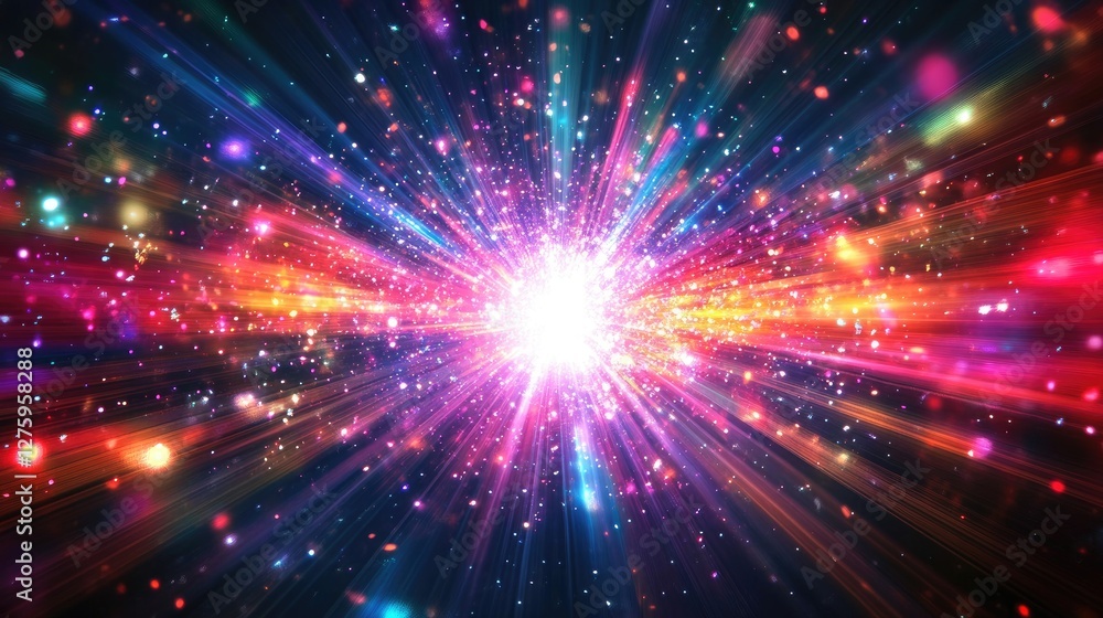 Poster a dynamic explosion of light and color in a dark space, representing the theme of power and energy.