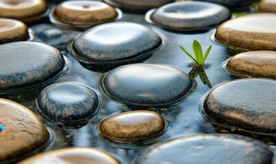 Smooth stones float on calm water; small plant emerges; zen garden scene; spa, meditation imagery