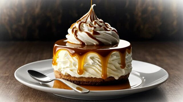 Video footage of decadent dessert featuring a cheesecake topped with whipped cream and caramel sauce, served on a white plate with a spoon on a wooden table