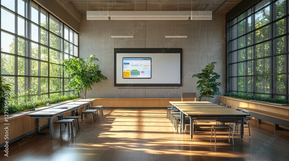 Poster a modern classroom featuring large windows, greenery, and a screen, designed for an open and collabo